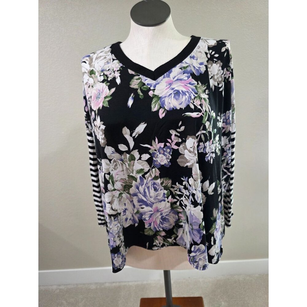 Women's Floral Print Long Sleeve Top With Striped Sleeves V-Neck Lightweight
